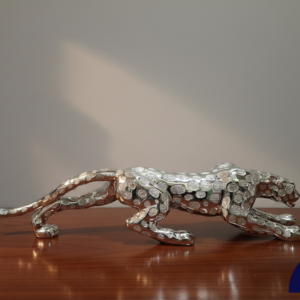 Modern Silver Leopard Statue – Chrome Prowling Jaguar Home Decor (40''Width - 10''Hight)