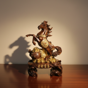 Feng Shui Rearing Wealth Horse Statue – "Ju Cai Bao Ma" Prosperity & Success Decor Wood-Finish Resin (20''W-27'' H)