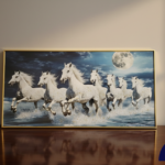 7 Running White Horses Under Full Moon – Premium Framed Canvas Wall Art (20'' inches)
